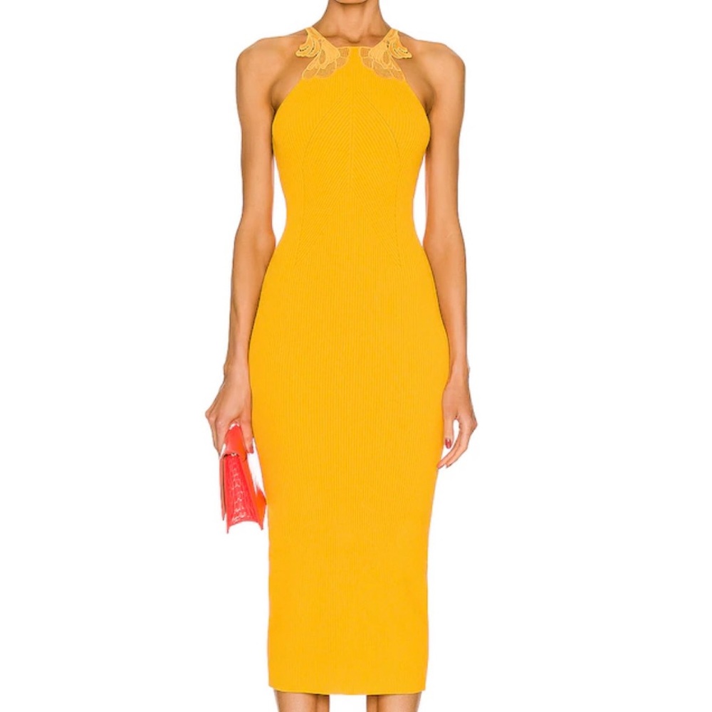 Self portrait canary yellow lace detail knit dress szM